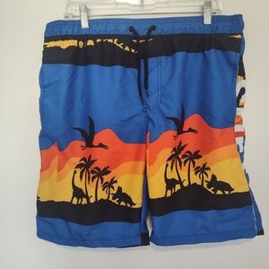 Men's Blue Tropical Stripe Swim Shorts with Sunset Silhouette
